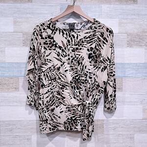 CLARA SUN WOO Leaf Print Tie Waist Dolman Sleeve Blouse Beige Black Women XS